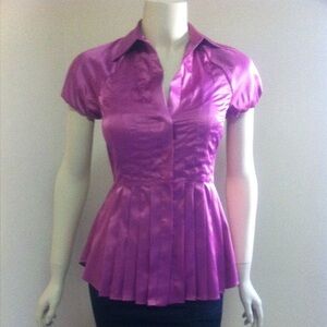 BCBGMaxAzria Cream/Tan Pleated Satin Blouse